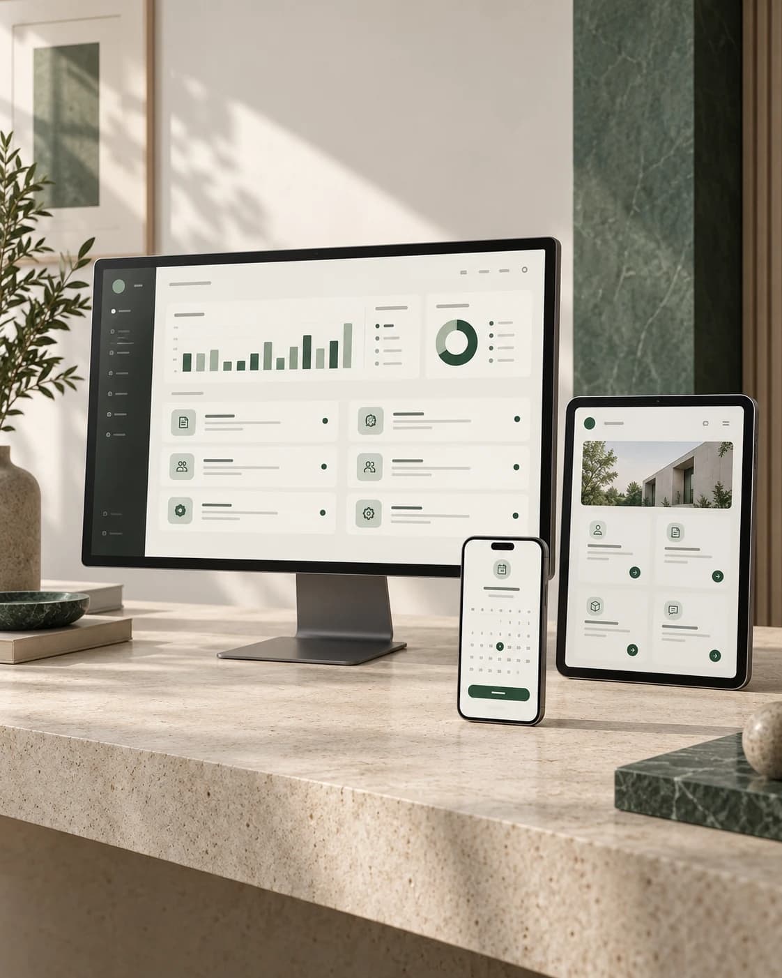 Illustrative Softwareansichten: Betriebsübersicht am Desktop, Kundenportal auf dem Tablet und Terminbuchung auf dem Smartphone.